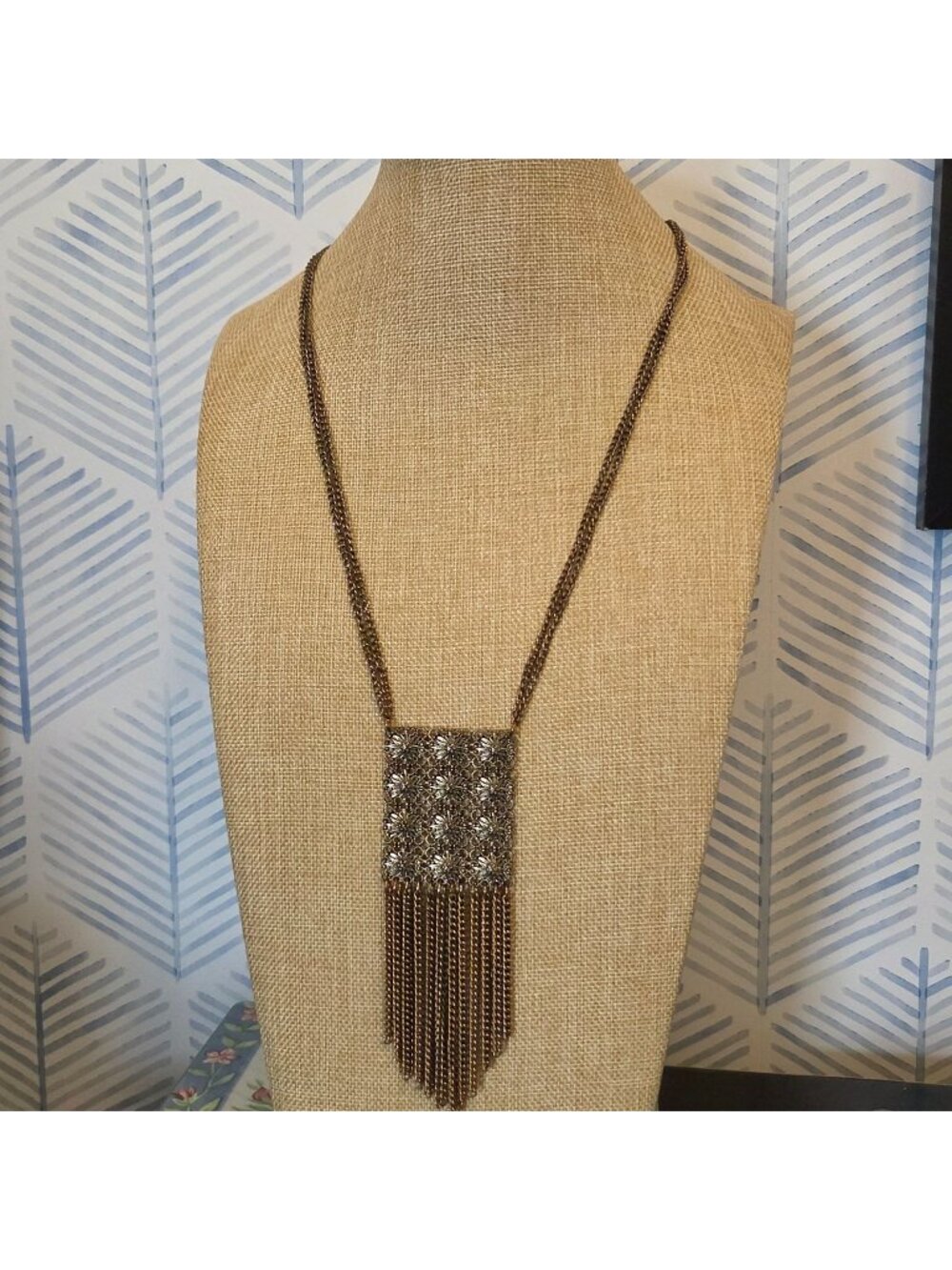 Vintage Gold Tone Floral Mesh Fringe Boho 42" Long Double Chain Necklace